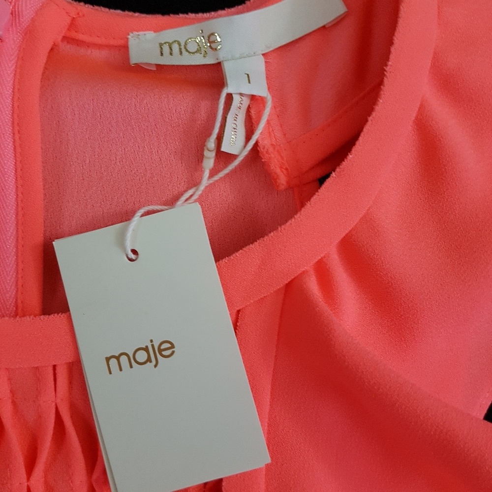 MAJE Ruffle Trimmed Coral Mini Dress, Sz T1 - Picture 7 of 7